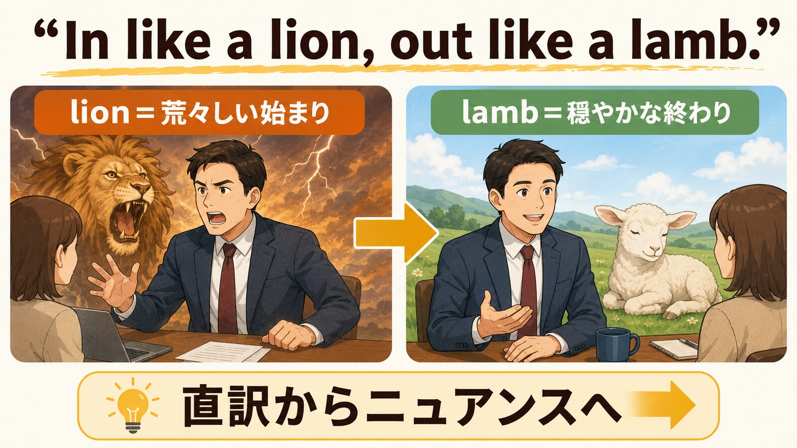 荒々しい始まりと穏やかな終わりの比較