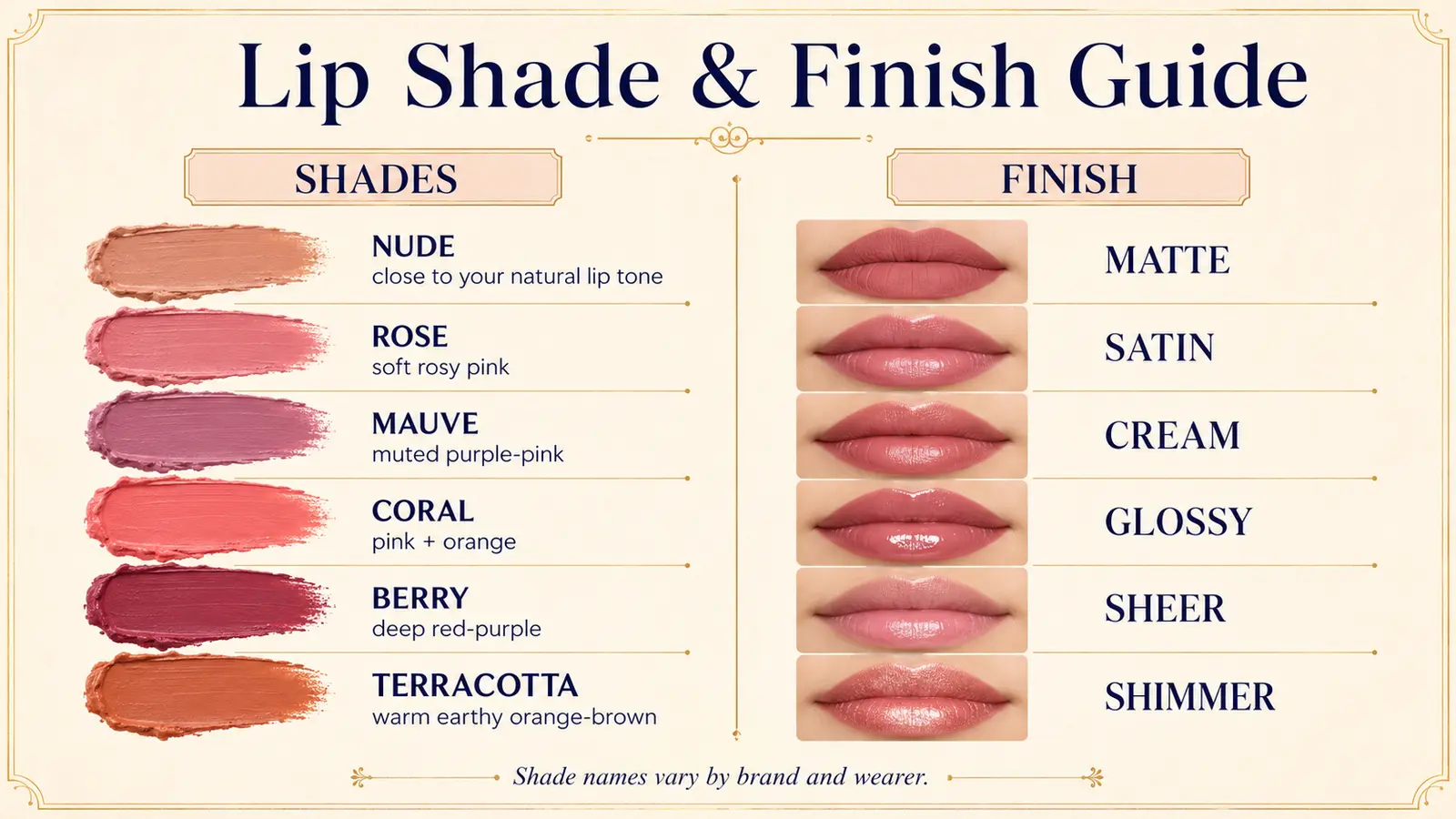 口紅の英語表現を色と質感で比較。nude、rose、mauve、coral、berry、terracottaとmatte、satin、cream、glossy、sheer、shimmer