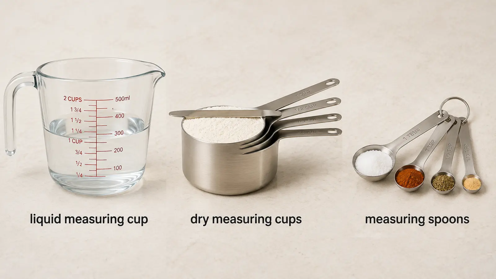 liquid measuring cup、dry measuring cups、measuring spoonsの違い