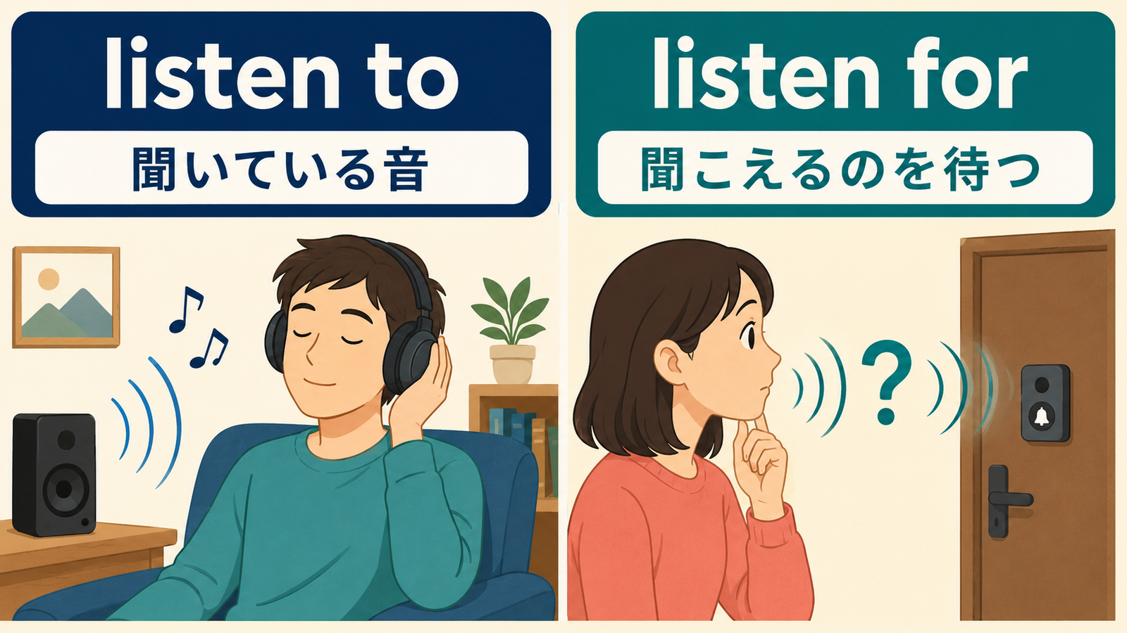 listen toは聞いている音、listen forは聞こえるのを待つという違いを示す図