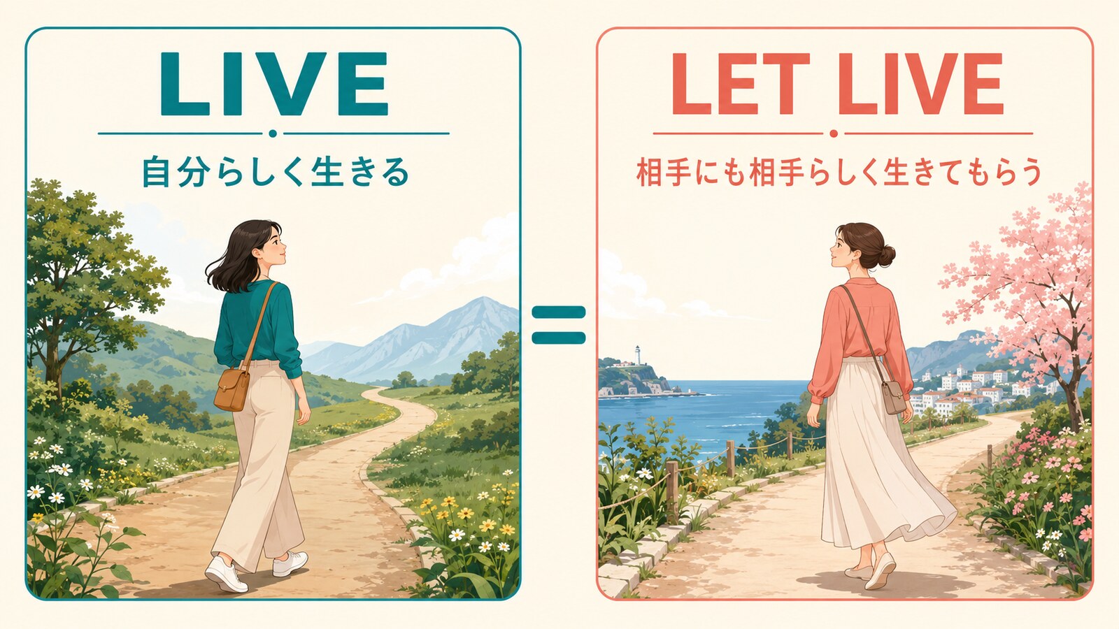 LIVE(自分らしく生きる)とLET LIVE(相手にも相手らしく生きてもらう)の図解
