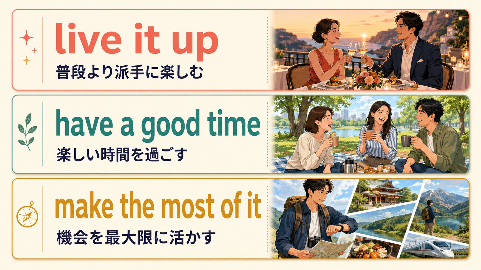 live it up、have a good time、make the most of itの違い