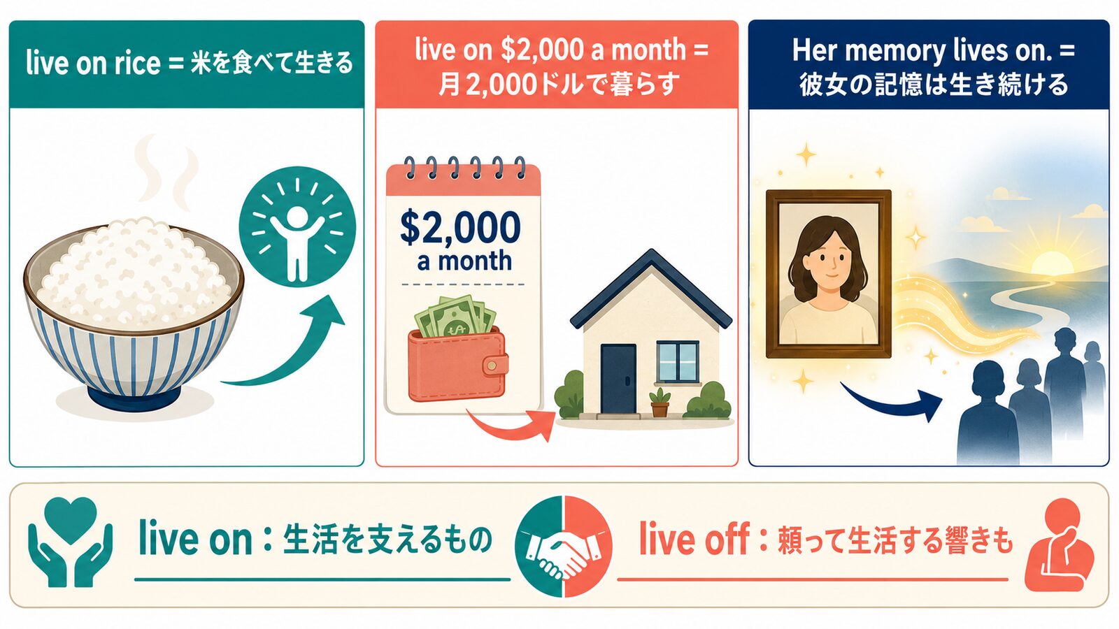 live onの食べ物・生活費・生き続ける用法とlive offとの違いを示す解説図