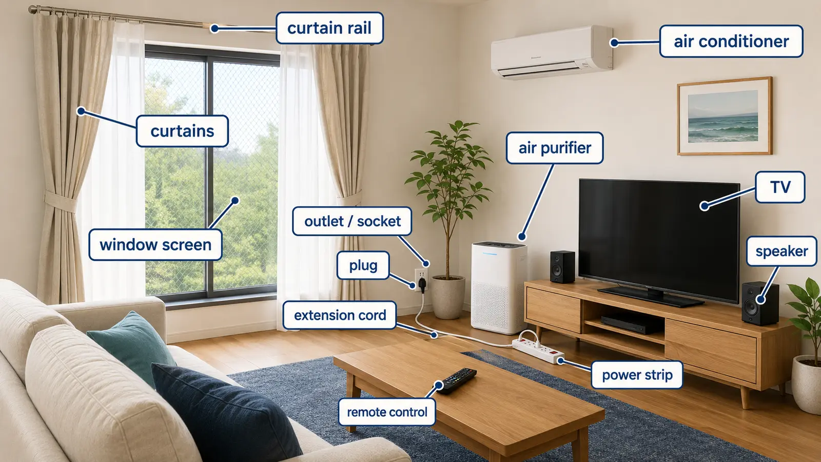 curtains・window screen・outlet・extension cord・remote controlなどリビングの英語図解