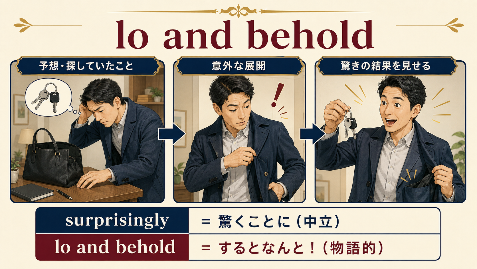 lo and beholdが意外な展開から驚きの結果を見せる流れとsurprisinglyとの違いの図解