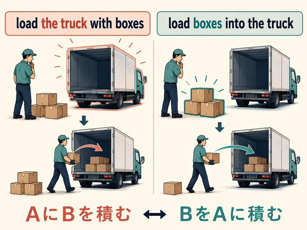 load the truck with boxesとload boxes into the truckの語順と焦点の違い