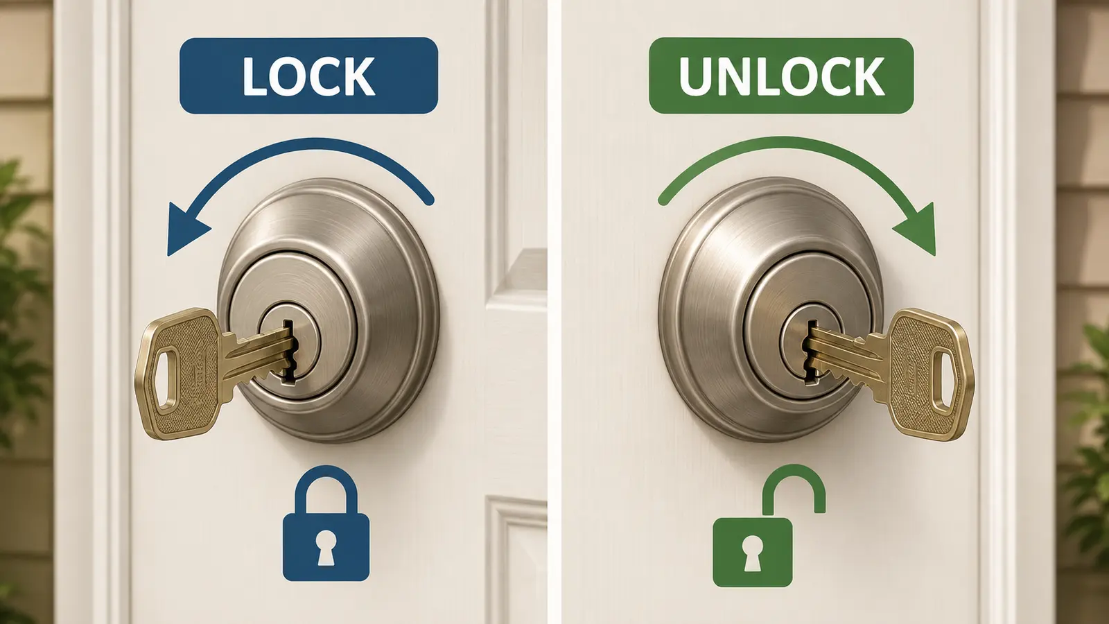 玄関ドアの鍵をかけるlockと開けるunlockの反対動作を比較した図