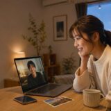 遠距離恋愛中のパートナーとビデオ通話をする女性