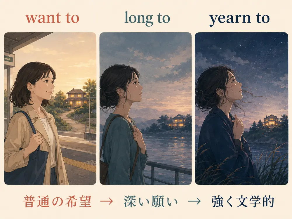 want to・long to・yearn toの願いの強さと響きの違いを示す比較図