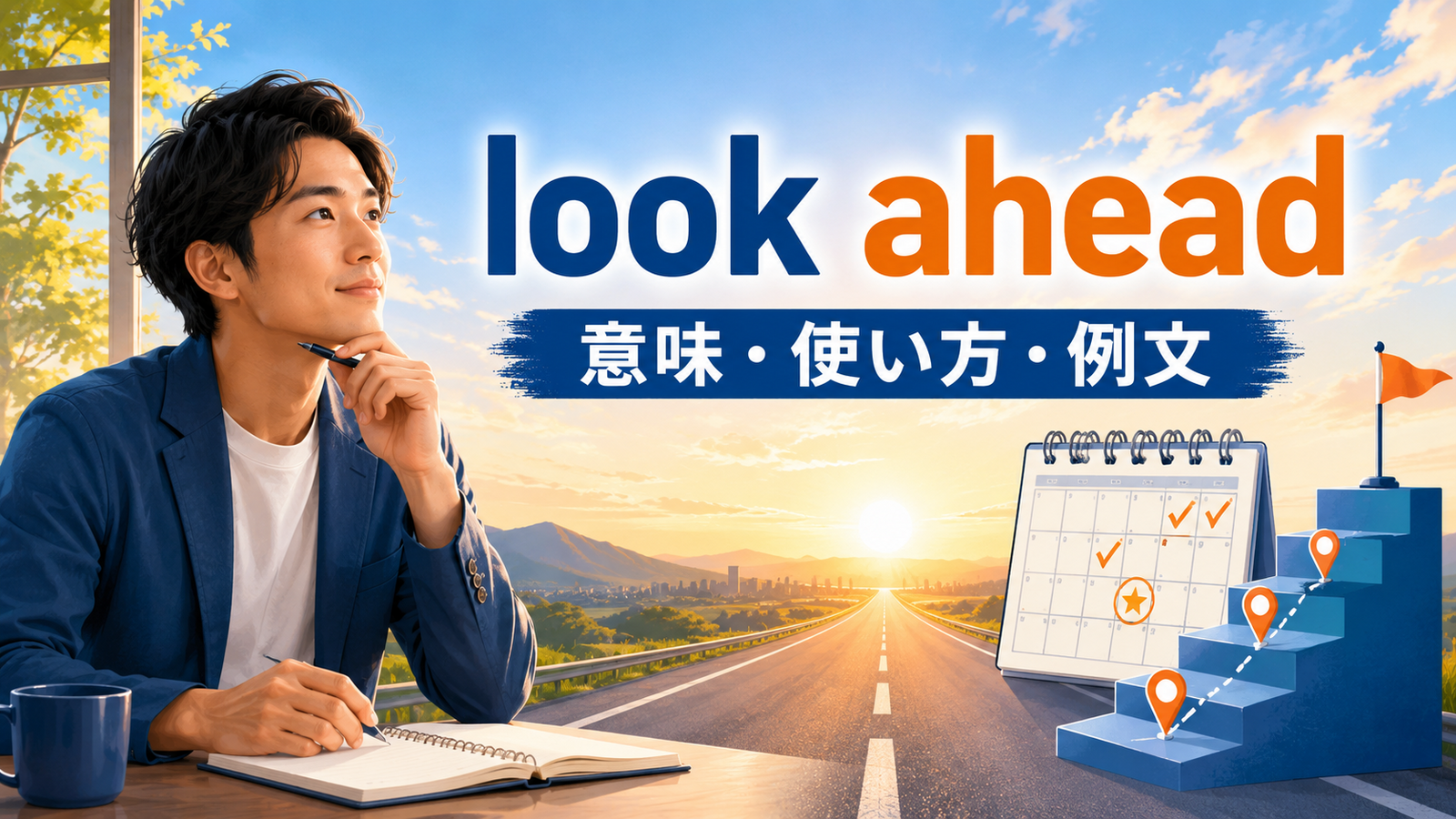 look aheadの意味と使い方を表す、未来の道を見据える人物のイラスト