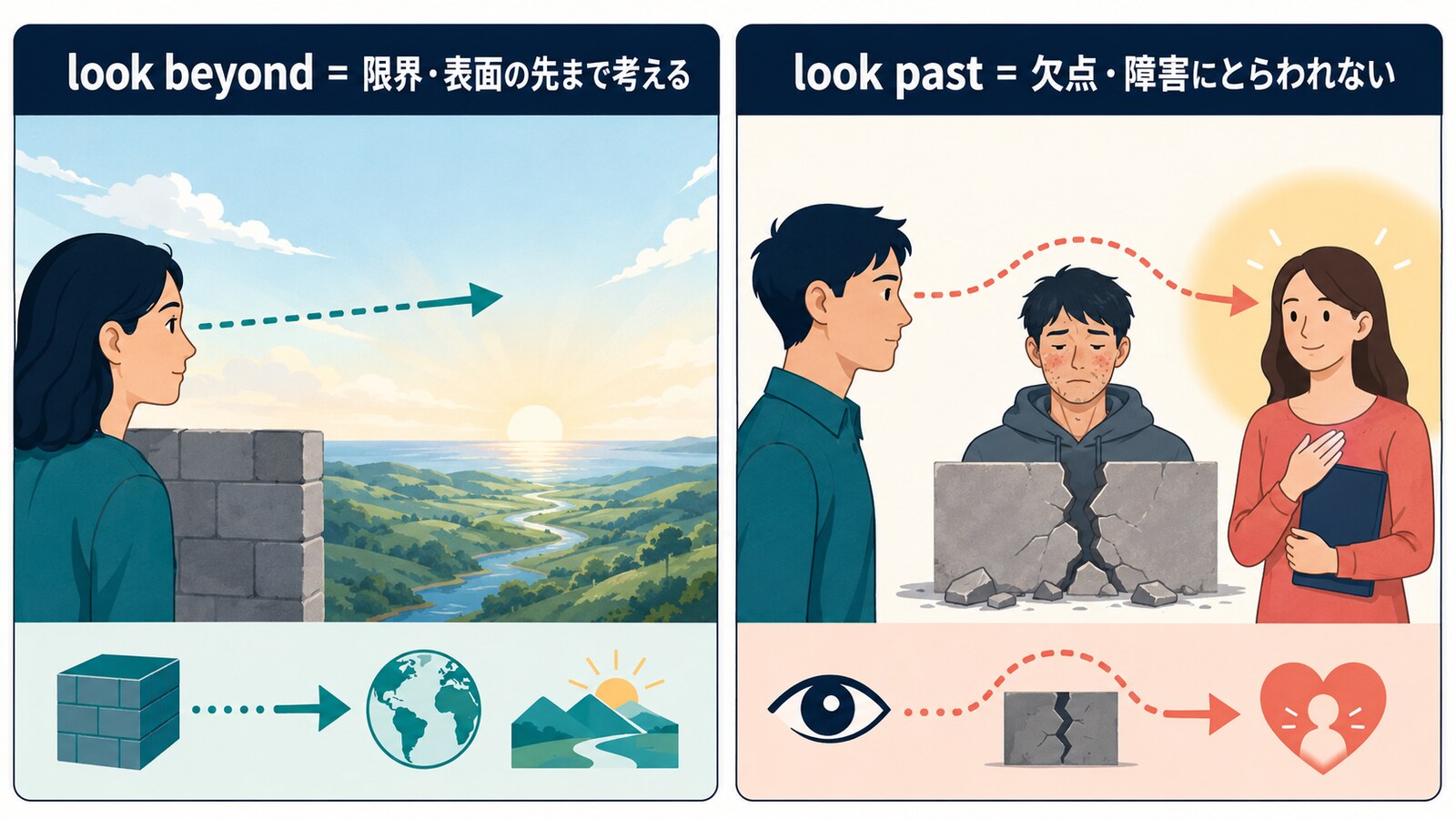 look beyondは限界や表面の先まで考え、look pastは欠点や障害にとらわれないという違い