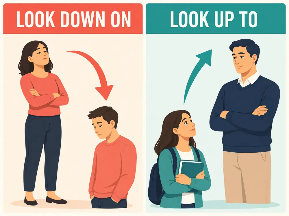 look down onとlook up toの方向とニュアンスの違いを示す比較イラスト