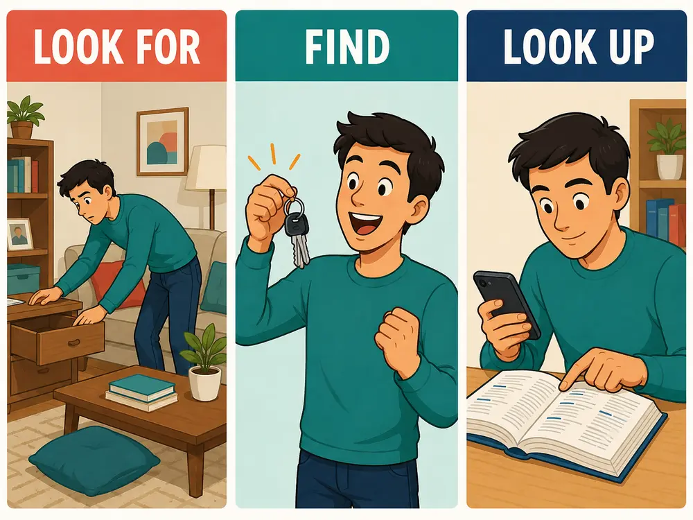 look for・find・look upの探す過程、発見、情報検索の違いを示す比較イラスト