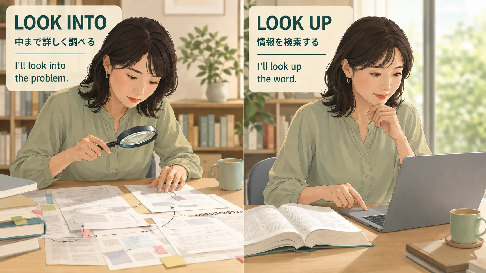 Look intoで詳しく調査する場面とlook upで情報を検索する場面の違い