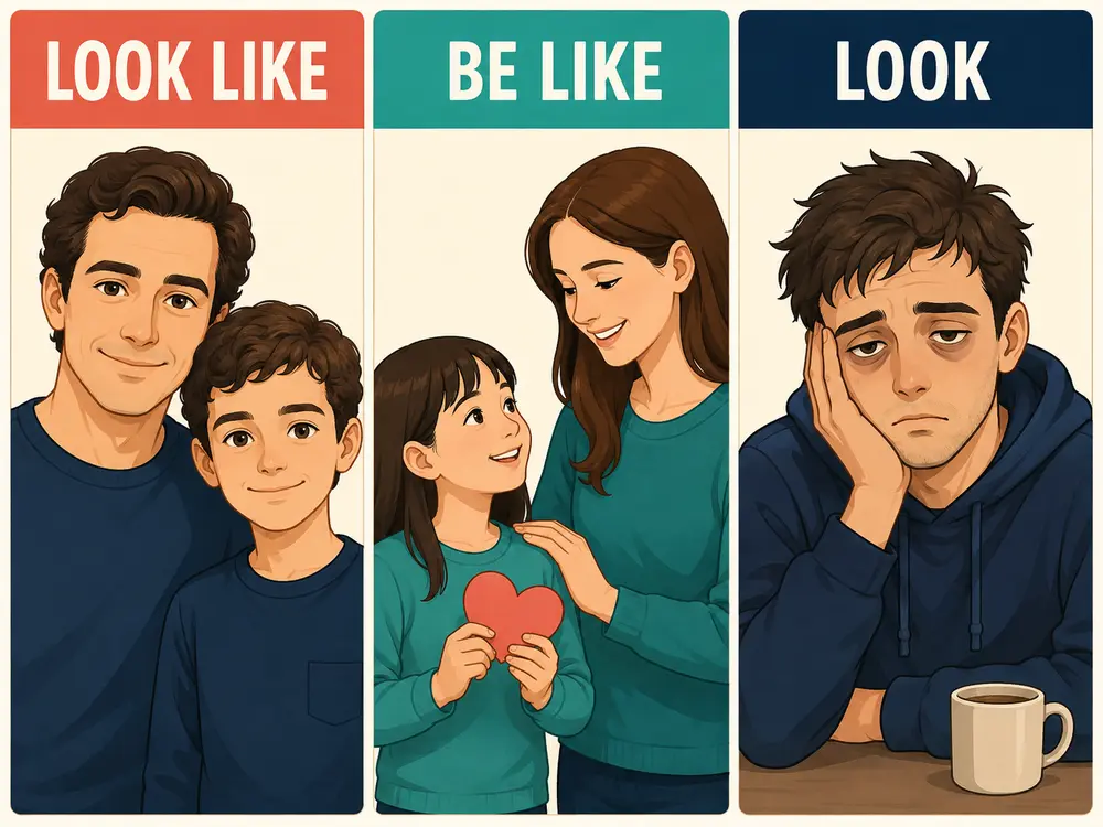 look like・be like・lookの外見、性質、見た目の状態の違いを示す比較イラスト