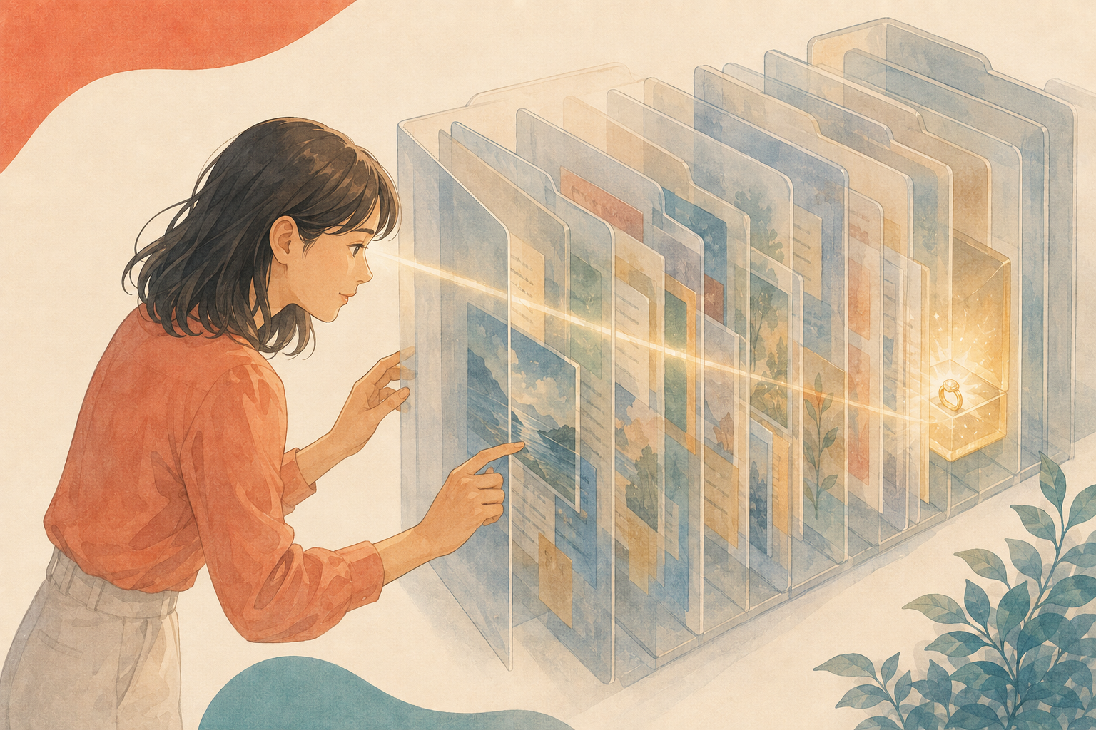 書類の層に目を通して中身を調べる女性