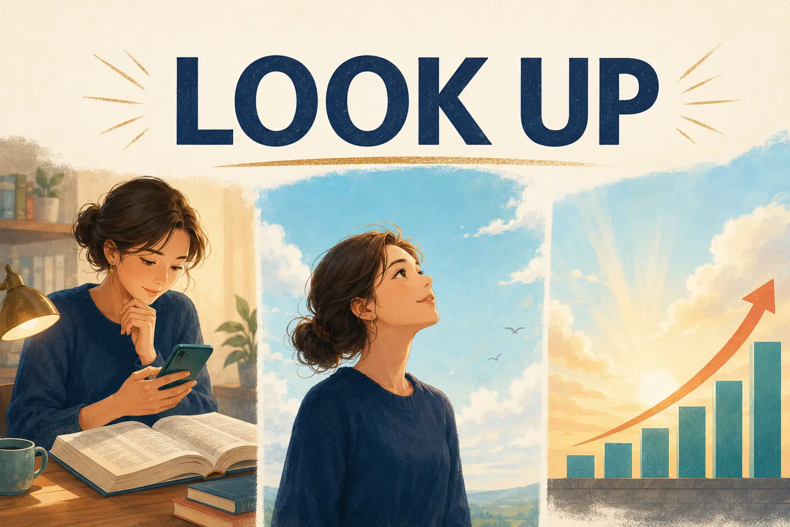 LOOK UPの文字と、言葉を調べる・空を見上げる・状況が好転する場面を描いたイラスト
