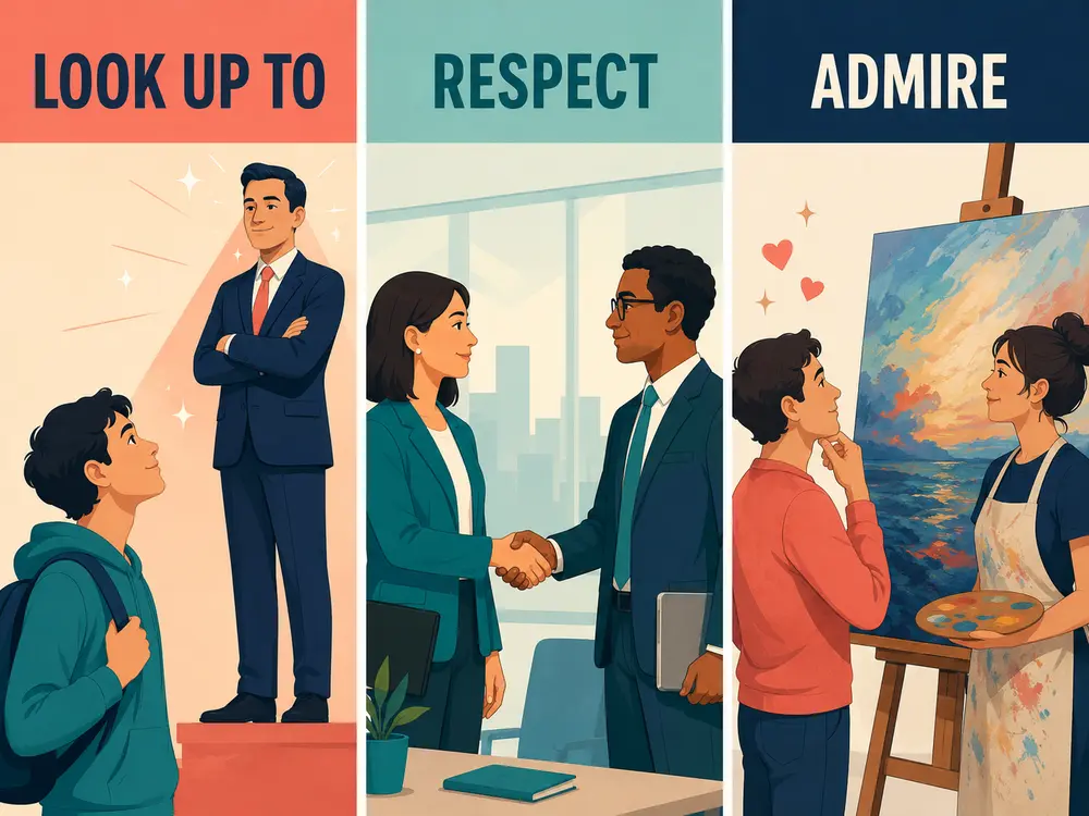 look up to・respect・admireの尊敬と称賛のニュアンスの違いを示す比較イラスト