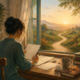 人生の物語を書き換える架空の女性と朝の道を描いたイラスト