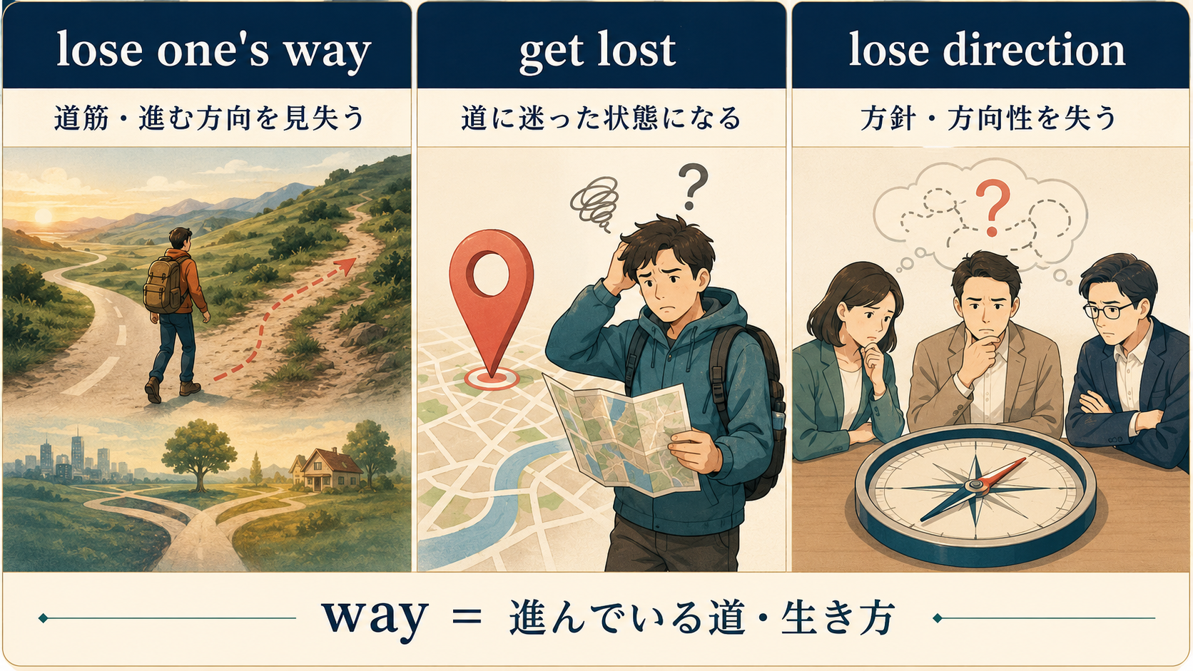 lose one's way・get lost・lose directionのニュアンスの違いを比較する図解