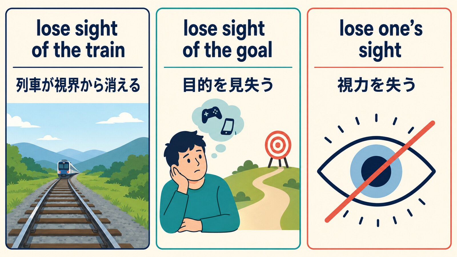 lose sight ofの物理的・比喩的意味とlose one’s sightの違い