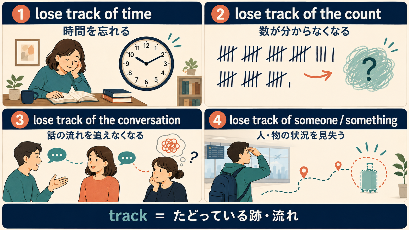 lose track of time・the count・the conversation・人や物の4つの用法を比較する図解