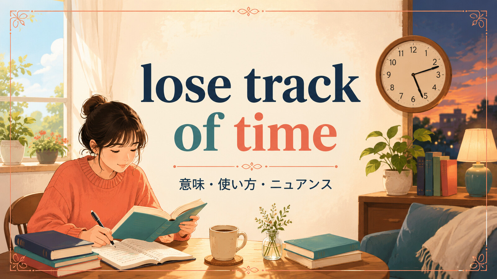 lose track of timeの意味・使い方・ニュアンスを解説するアイキャッチ画像