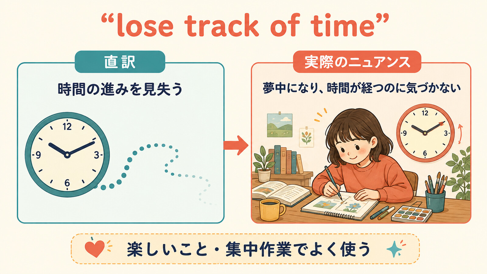 lose track of timeの直訳「時間の進みを見失う」と実際のニュアンスを比較するイラスト