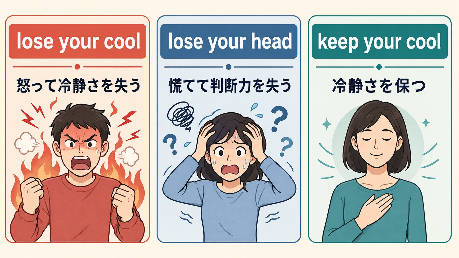 lose your cool・lose your head・keep your coolのニュアンスの違いを比較する解説イラスト
