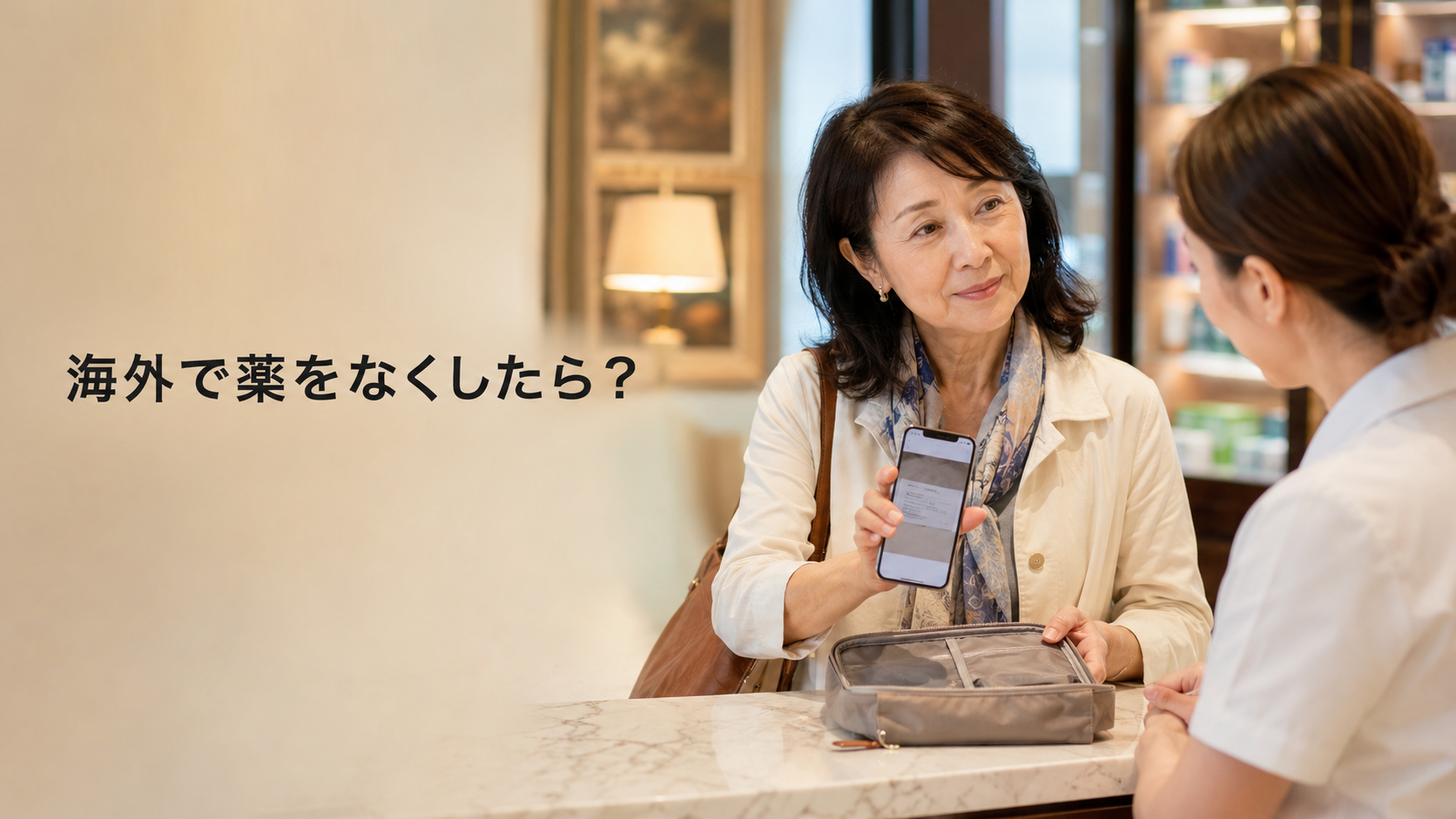 海外で薬をなくして薬剤師に相談する女性