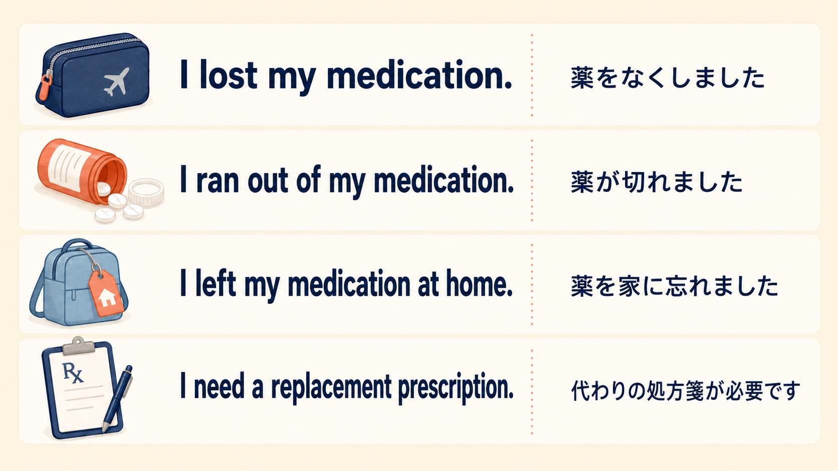 I lost my medication・ran out of medicationなどの比較