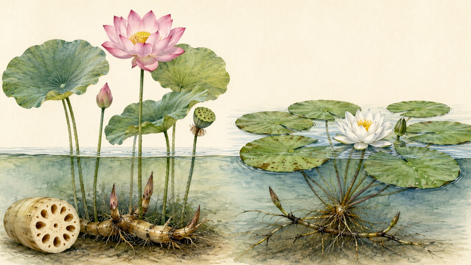 水面より高く咲く蓮と水面に浮かぶ睡蓮、れんこんを比較した植物イラスト