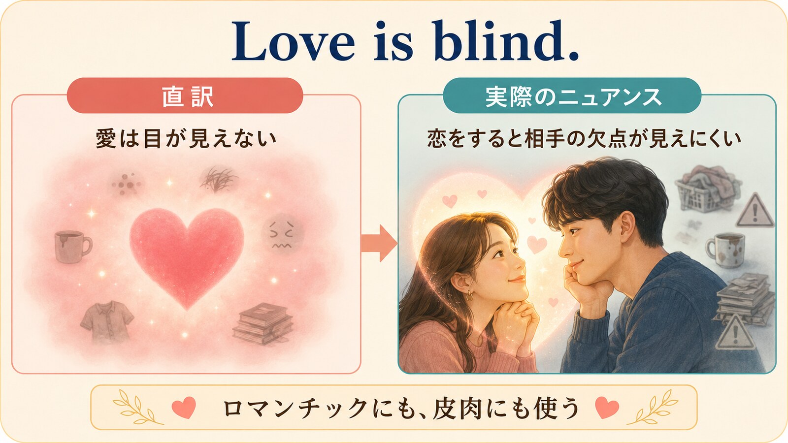 Love is blind.の直訳「愛は目が見えない」と実際のニュアンスを比較するイラスト