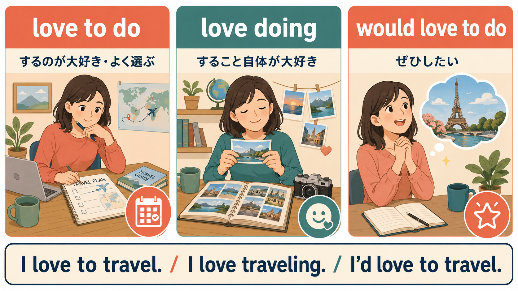 love to do・love doing・would love to doのニュアンス比較