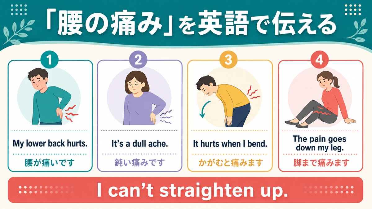 腰の痛みを英語で伝える表現の図解