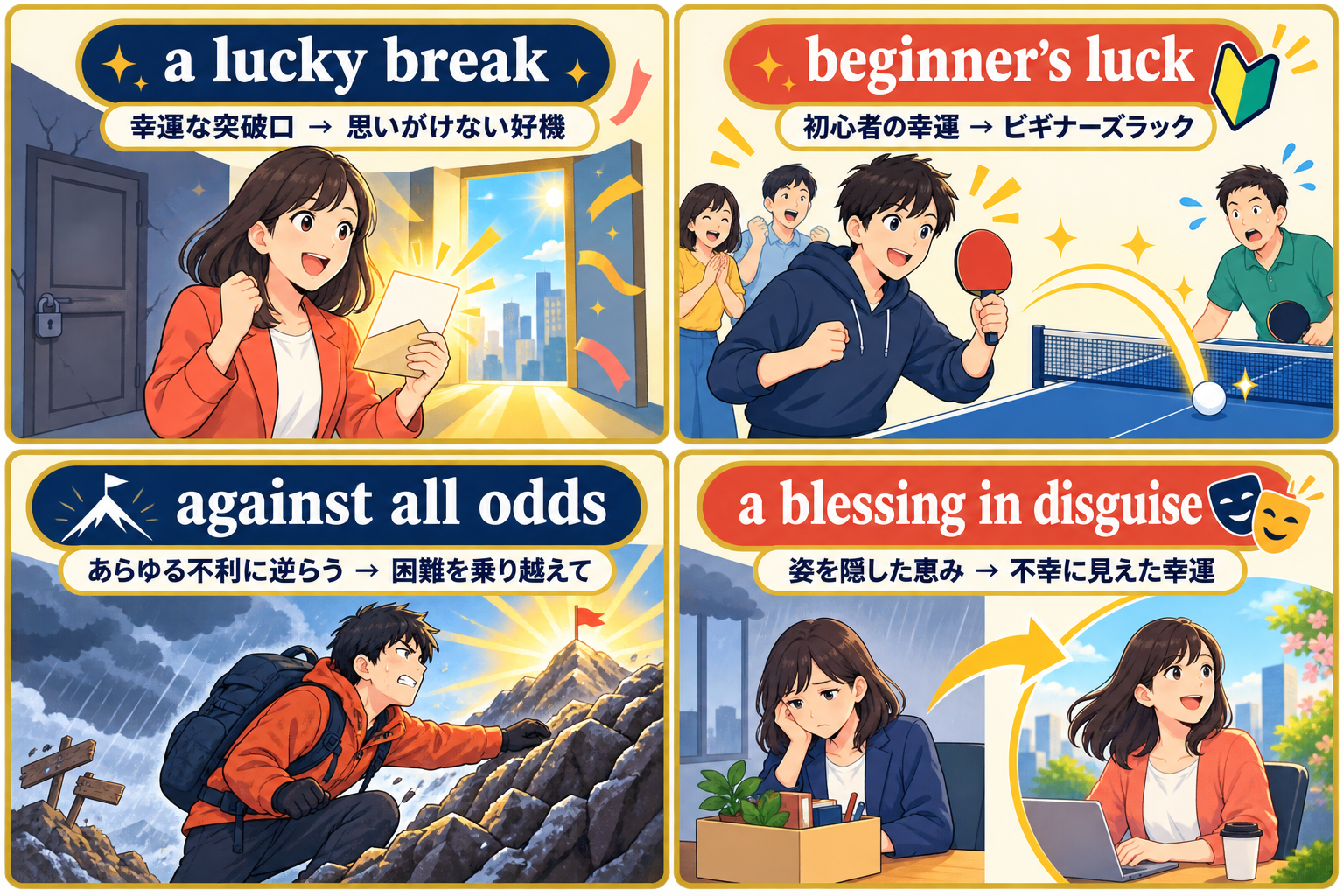 lucky break、beginner's luck、against all odds、blessing in disguiseの直訳と意味