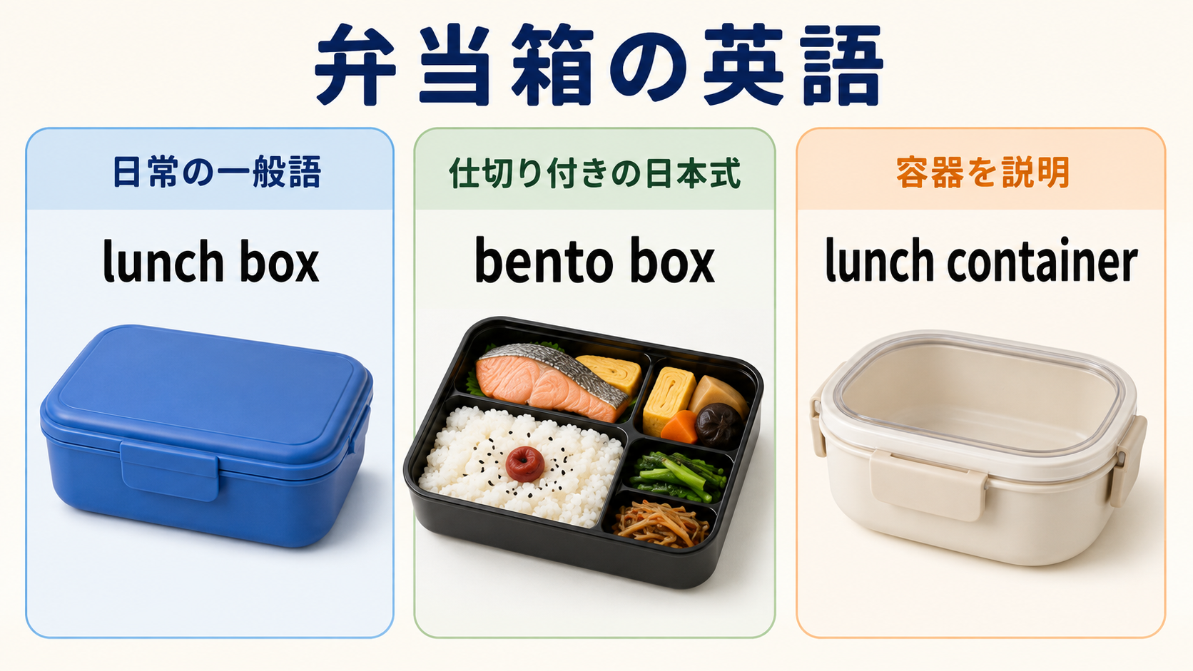 lunch boxは一般語、bento boxは仕切り付きの日本式、lunch containerは容器を説明