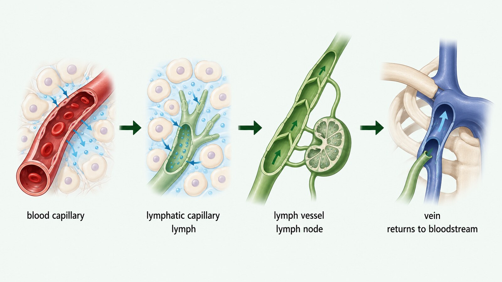 blood capillaryから組織液がlymphとなりlymphatic capillary・lymph vessel・lymph nodeを通ってveinへ戻る流れの英語図解