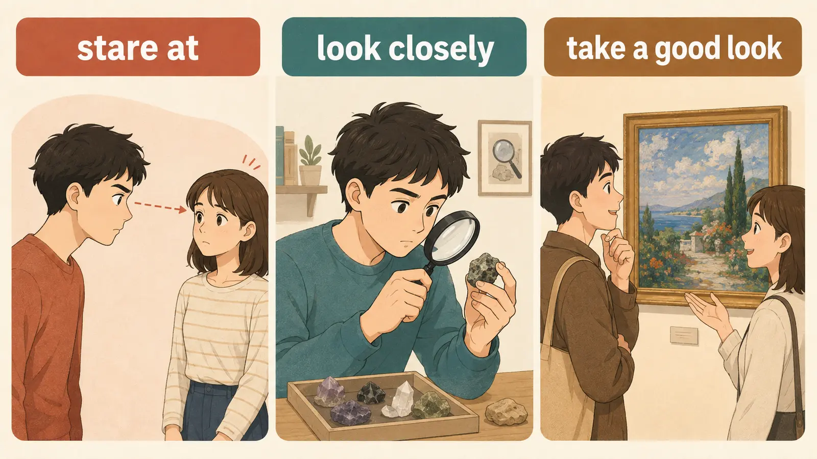 stare at、look closely、take a good lookのニュアンス比較