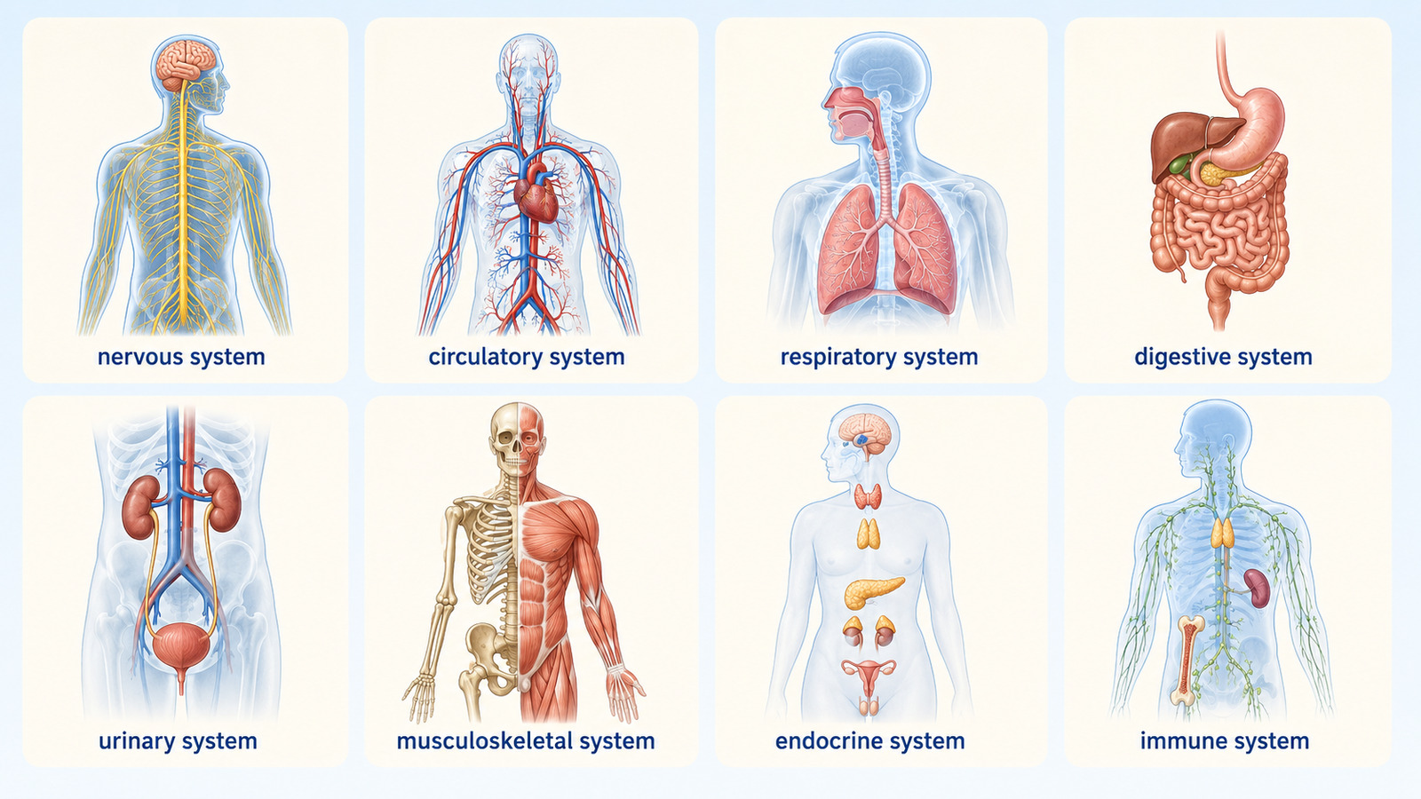 nervous・circulatory・respiratory・digestive・urinary・musculoskeletal・endocrine・immune systemを示した英語図解