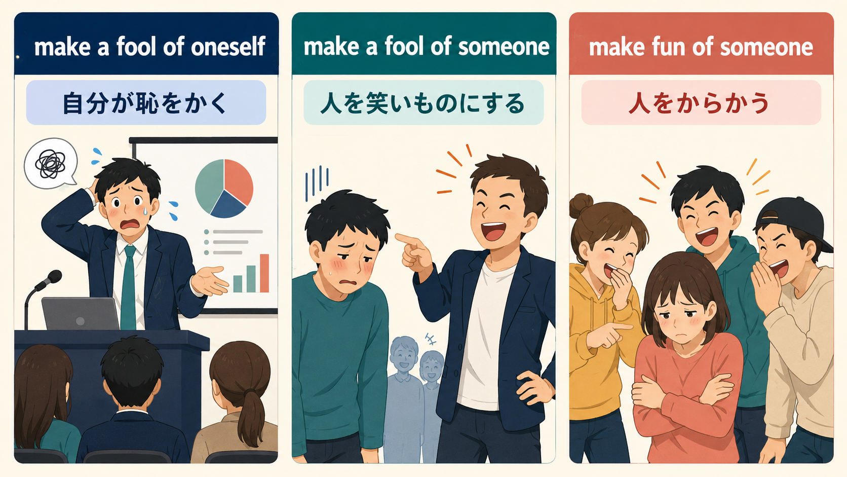 make a fool of oneself、make a fool of someone、make fun of someoneの違い