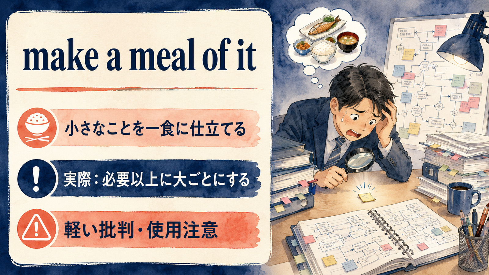 make a meal of itの直訳と実際の意味を比較する本文イラスト