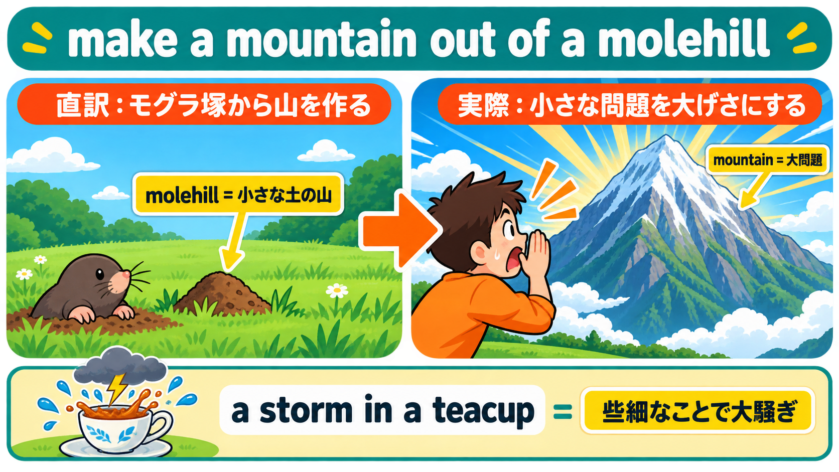 make a mountain out of a molehillの直訳と実際の意味を示す解説図