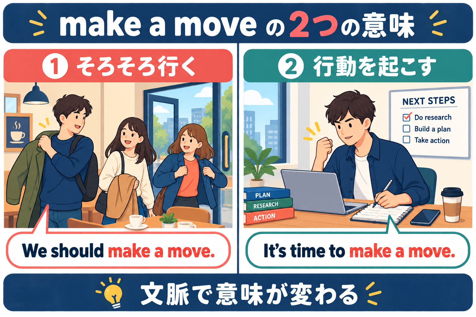 make a moveの「そろそろ行く」と「行動を起こす」の2つの意味