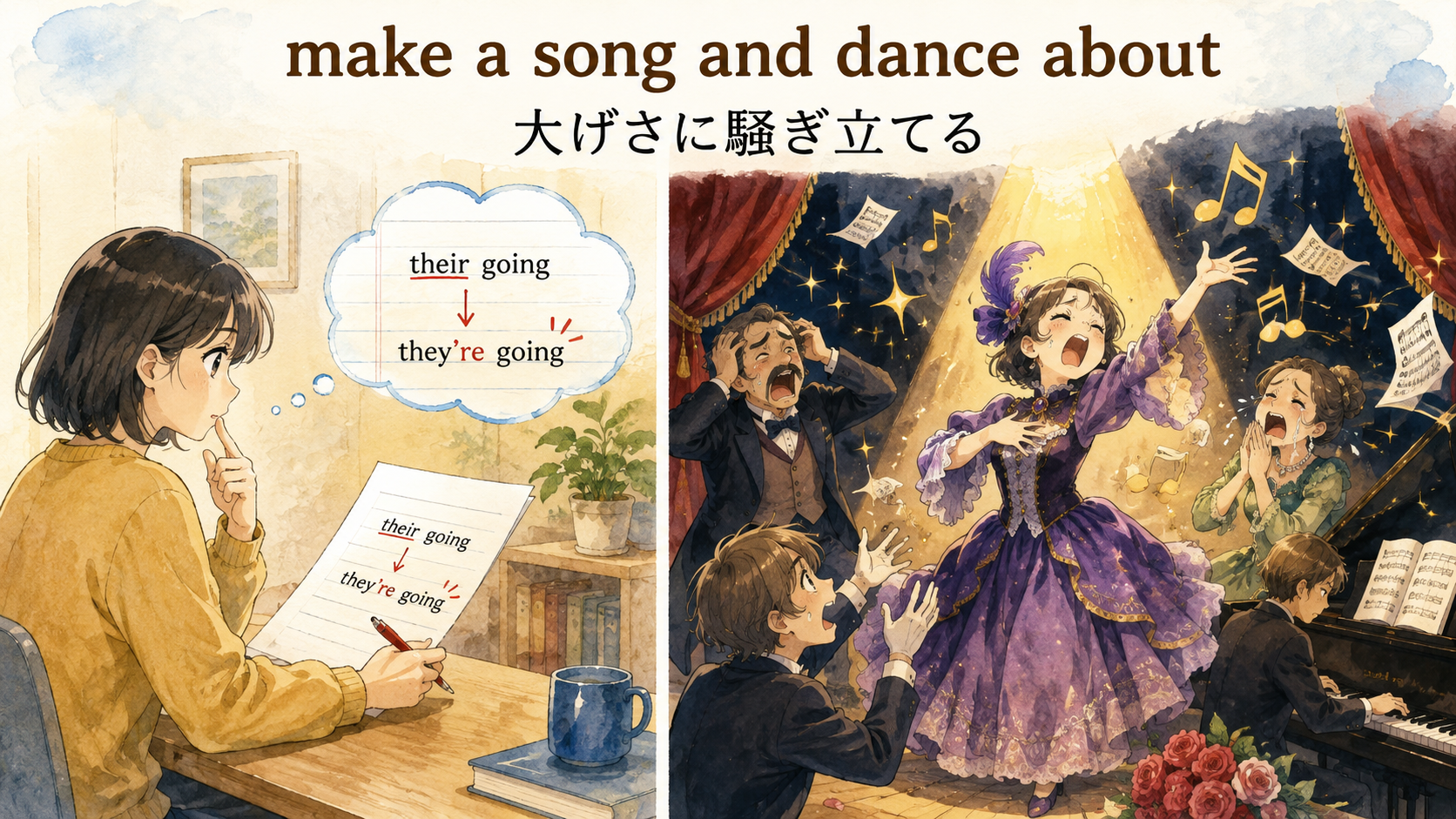 「make a song and dance about」の意味・ニュアンス・使い分け図