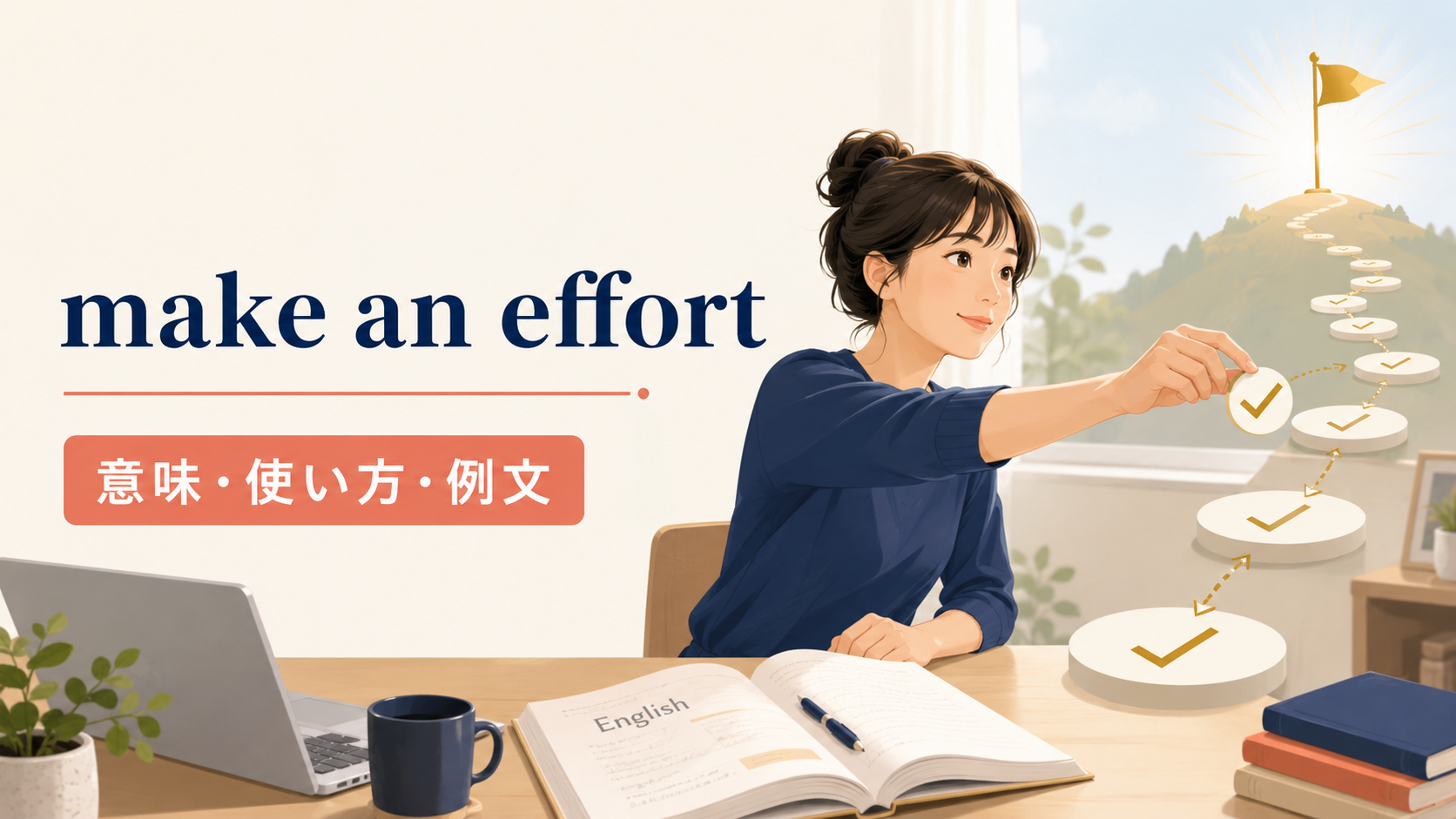 英語学習で目標へ一歩ずつ進む女性とmake an effortの意味・使い方・例文を示すアイキャッチ