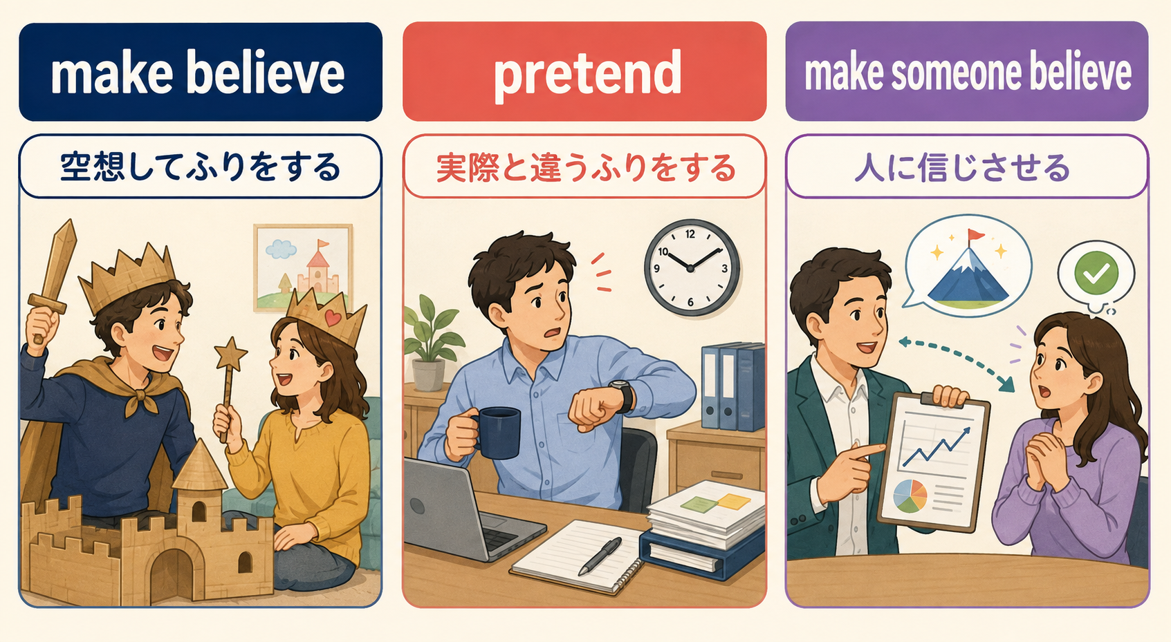 make believe・pretend・make someone believeの意味と構造の違いを示す比較イラスト