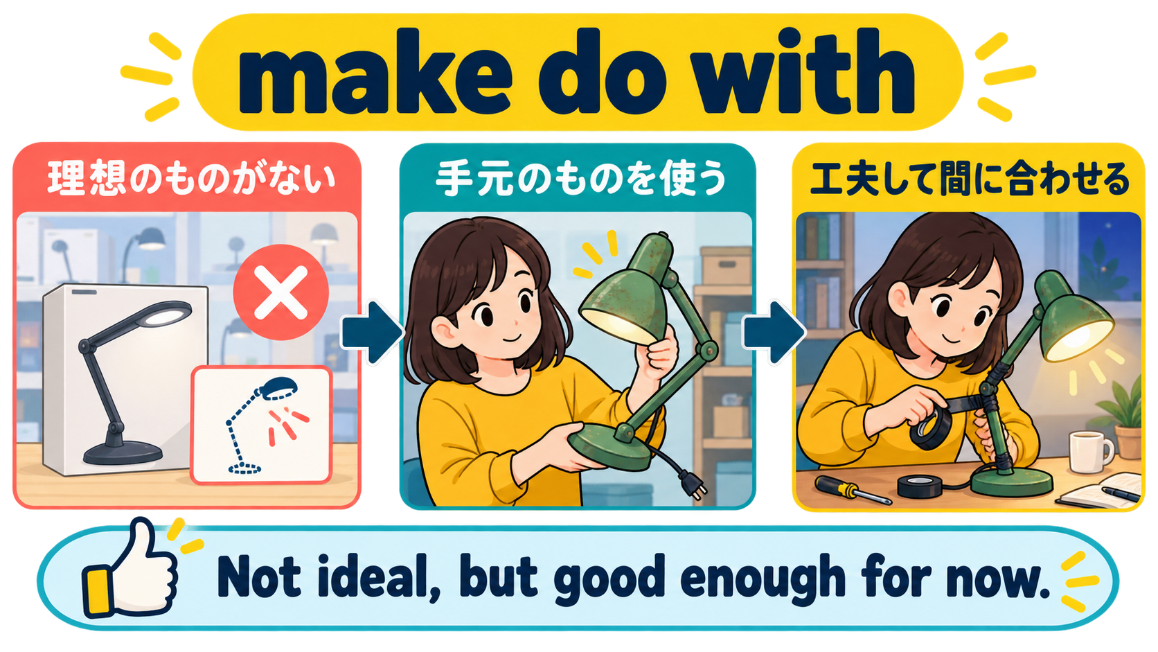 理想のものがなくても手元のものを工夫して間に合わせるmake do withの図解