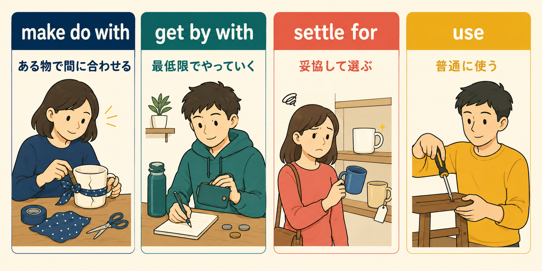 make do with・get by with・settle for・useのニュアンスの違いを示す比較イラスト