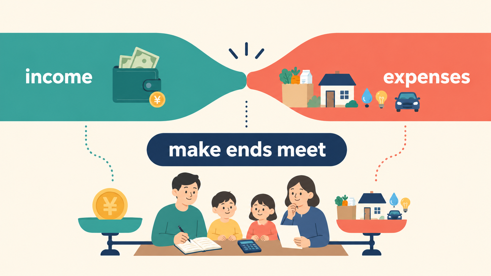 incomeとexpensesの両端が届くmake ends meetのイメージ図